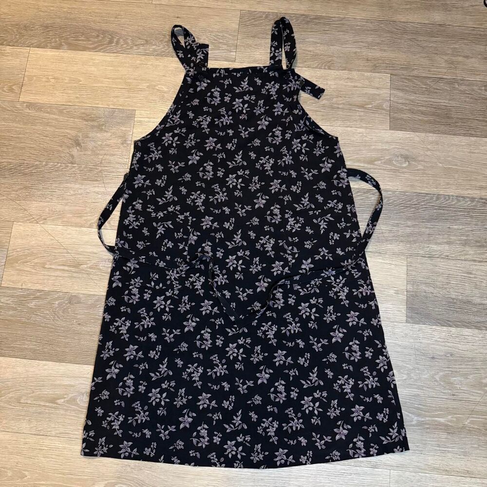 Black Floral Pinafore Apron Dress Cottagecore Square Neck Overalls Tie Straps Mi